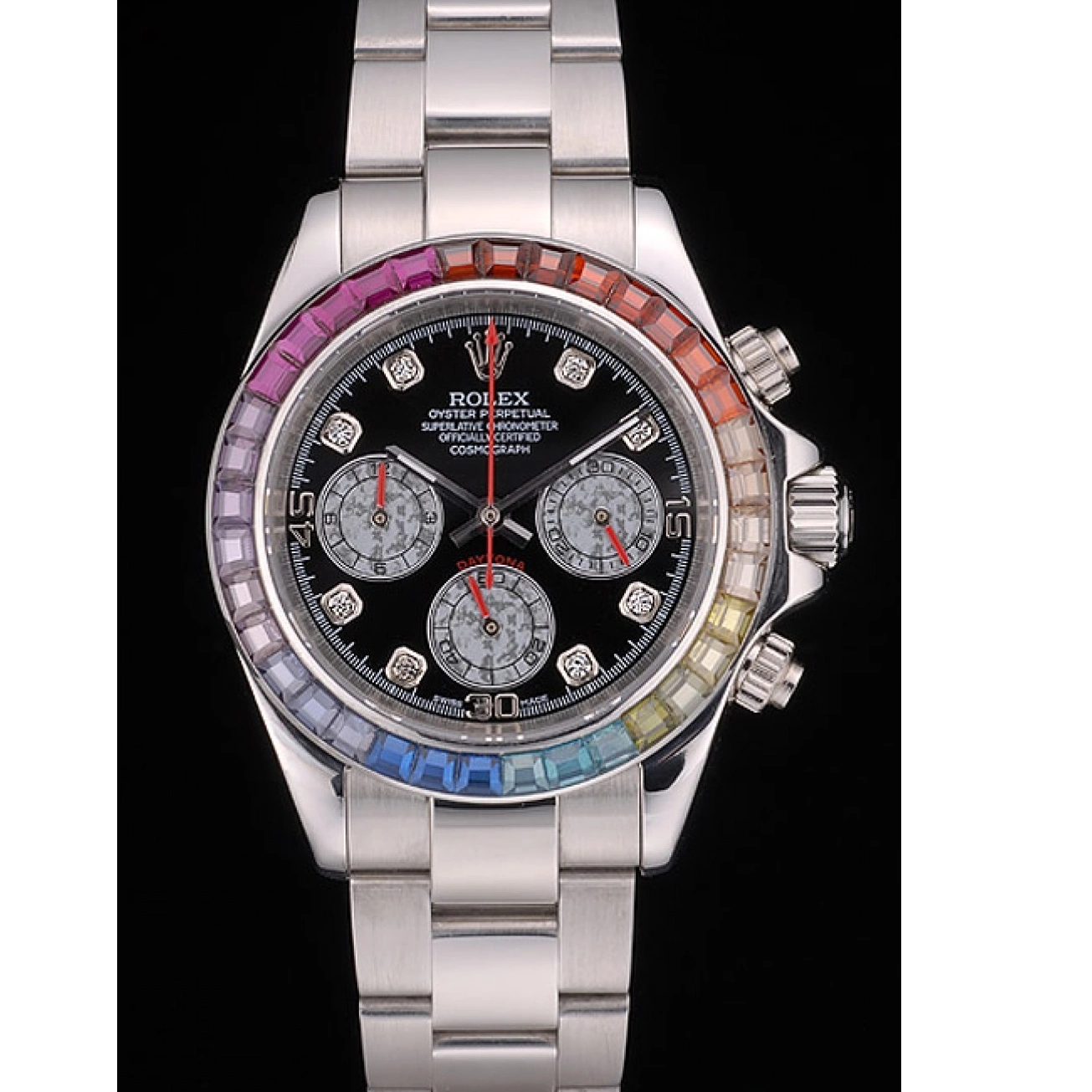 Aaa replica watch Daytona Stainless Bezel Rolex Strap Dial Cosmograph 80250 Crystals Black Rainbow Steep 0612
